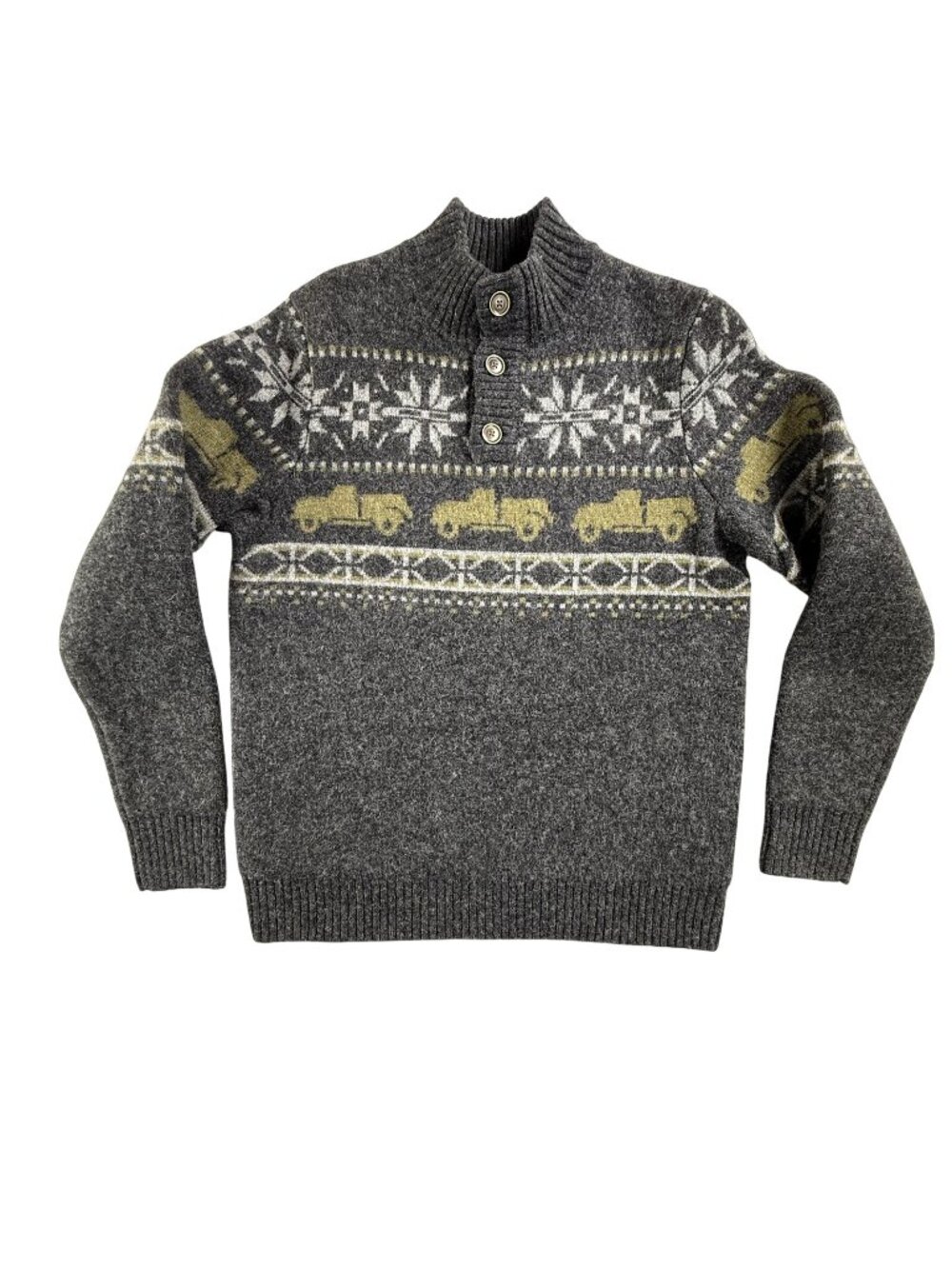Duluth Trading Sweater Mens Medium Gray Shetland Wool Henley Mock Neck Fair Isle